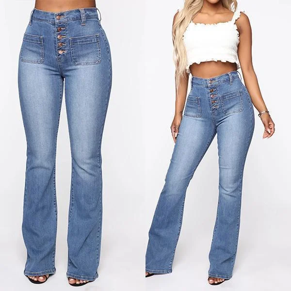 Women's Button Fly Booty Shaping High Waist Flare Jeans
