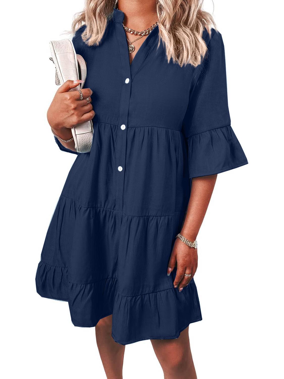 Women??s Casual V Neck Ruffle Short Sleeve Summer Dress