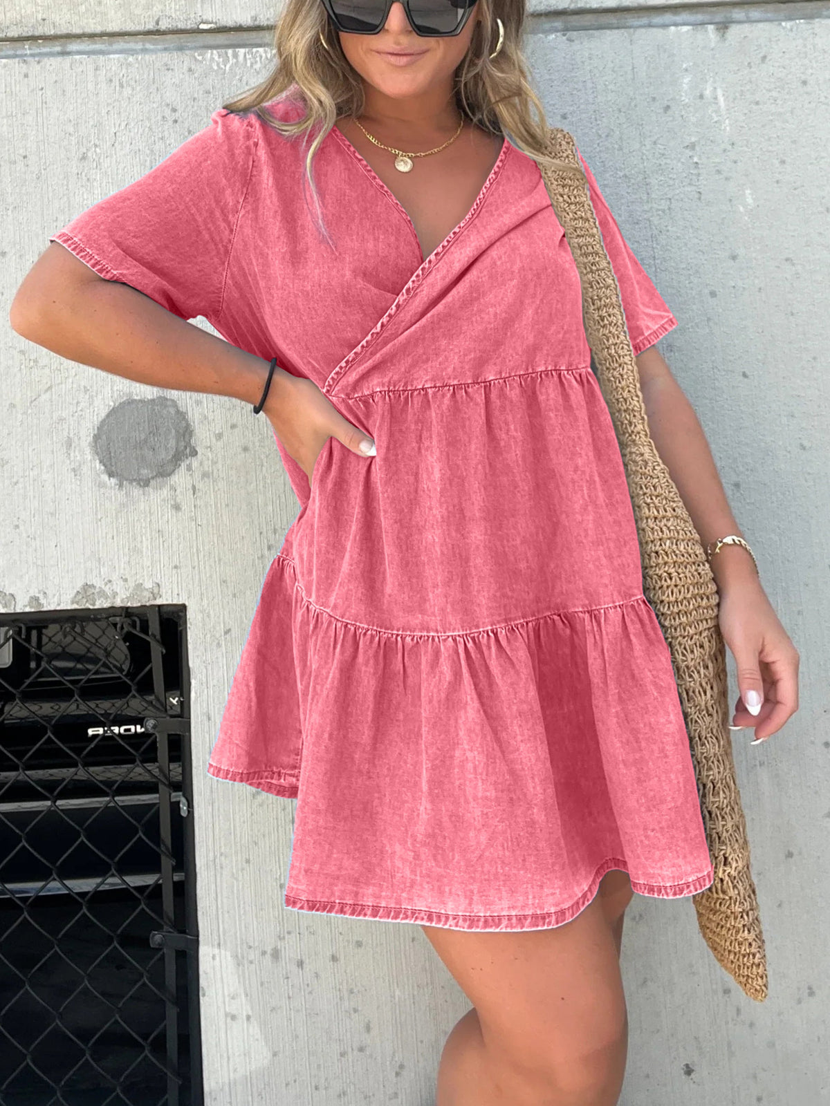Denim Ruffle V-Neck Mini Dress
