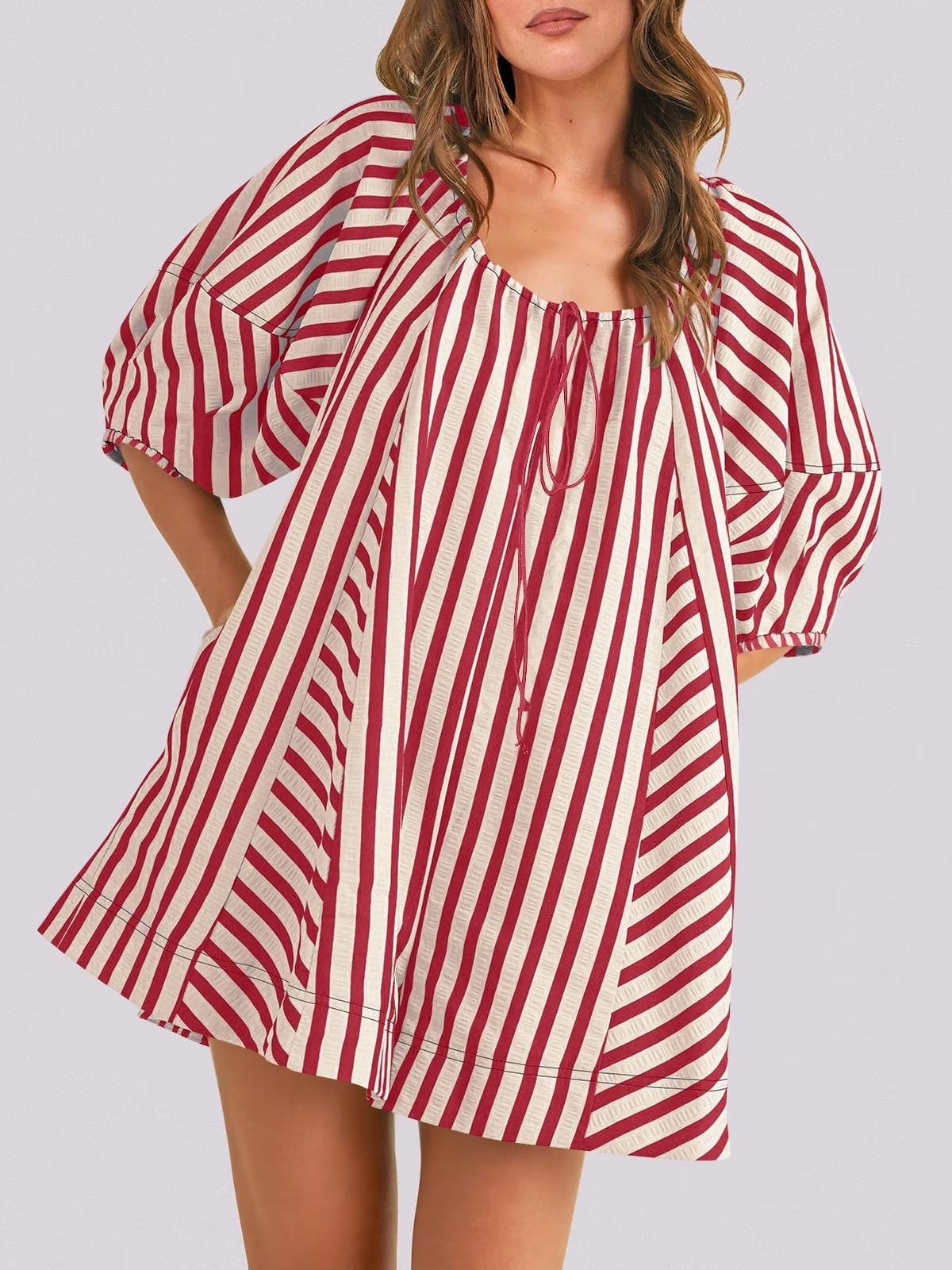 Women's Casual Loose Puff Sleeve Striped Romper