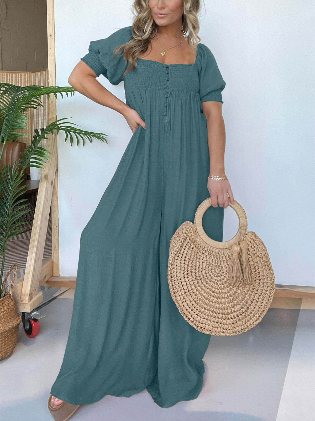 Women's Square Neckline Jumpsuit with Smocked Bodice Button