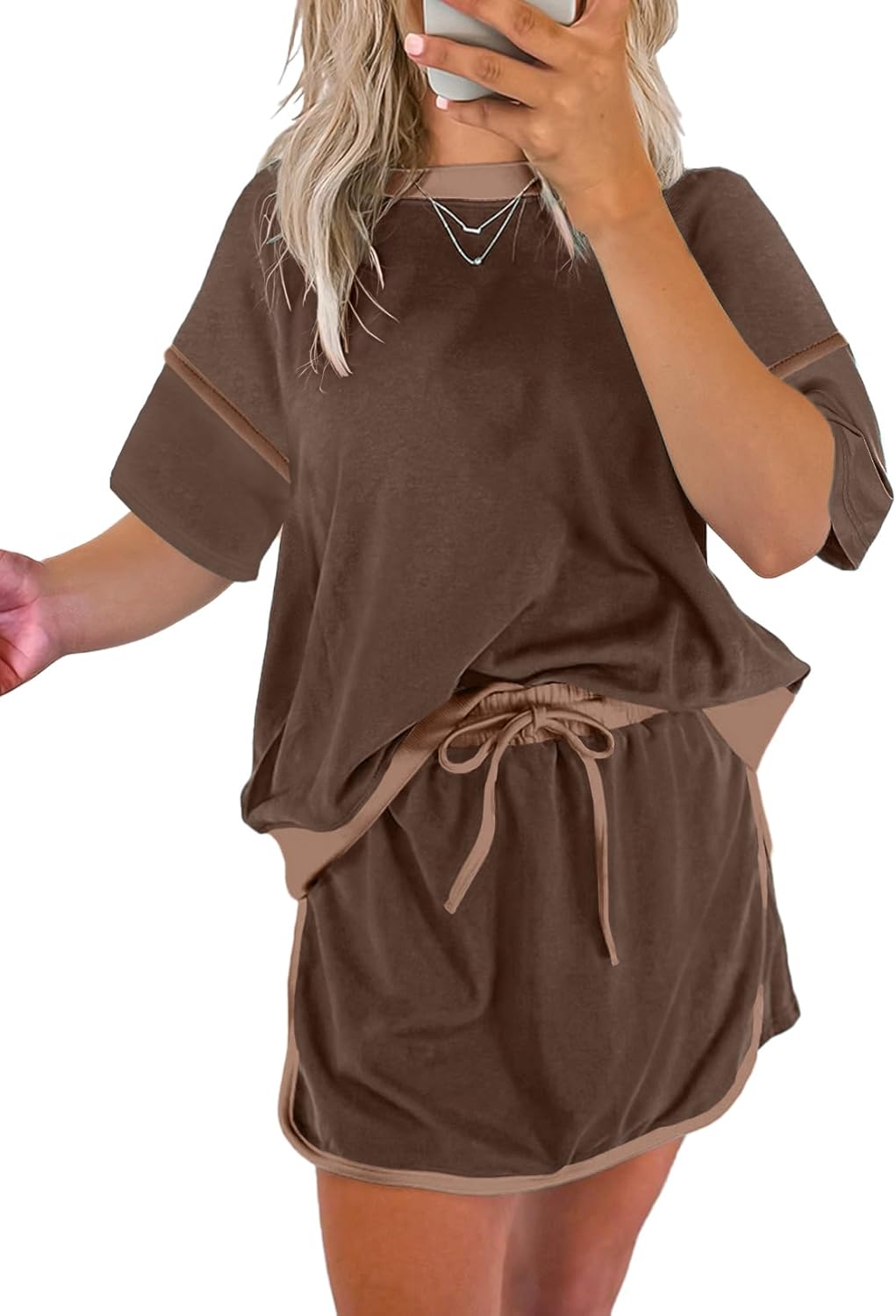 Women's Short Sleeve Tops and Drawstring Skort Matching Sets