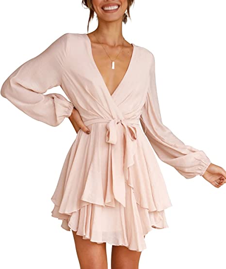 Deep V-Neck Long Sleeve Waist Mini Swing Skater Dresses