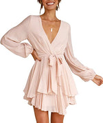 Deep V-Neck Long Sleeve Waist Mini Swing Skater Dresses