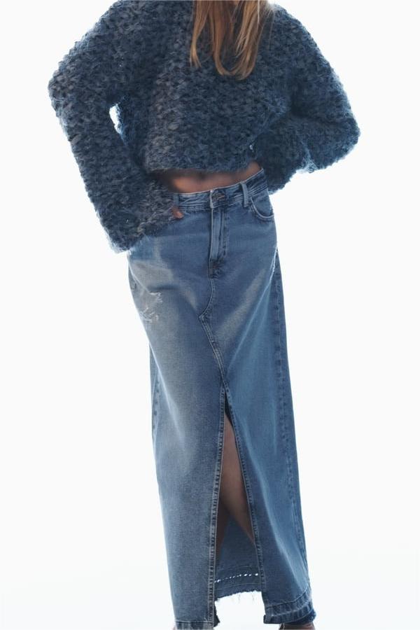 Front Slit Fringe Denim Skirt