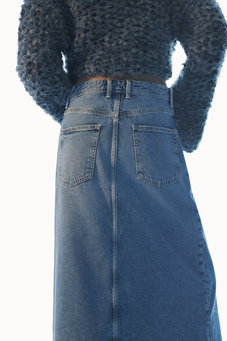 Front Slit Fringe Denim Skirt
