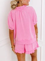 Women's Casual Half-zip Top and Ruffle Shorts Set