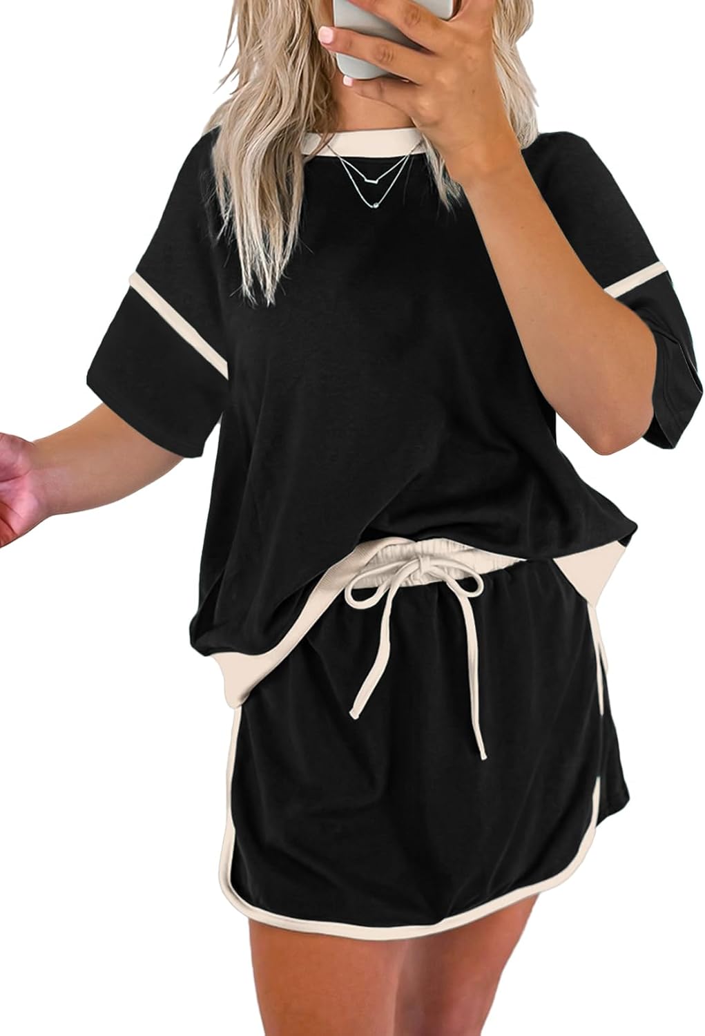 Women's Short Sleeve Tops and Drawstring Skort Matching Sets
