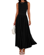 Women's Solid Sleeveless Ruched High Waisted Tank Dress with Pockets