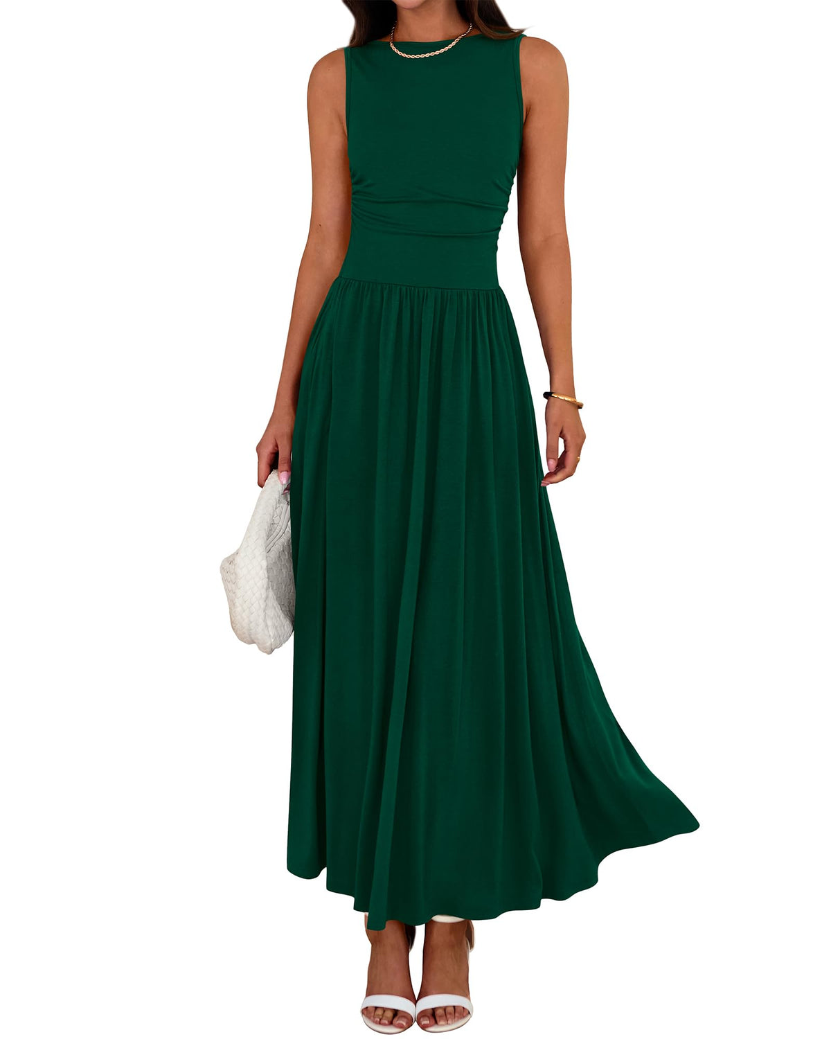 Women's Solid Sleeveless Ruched High Waisted Tank Dress with Pockets