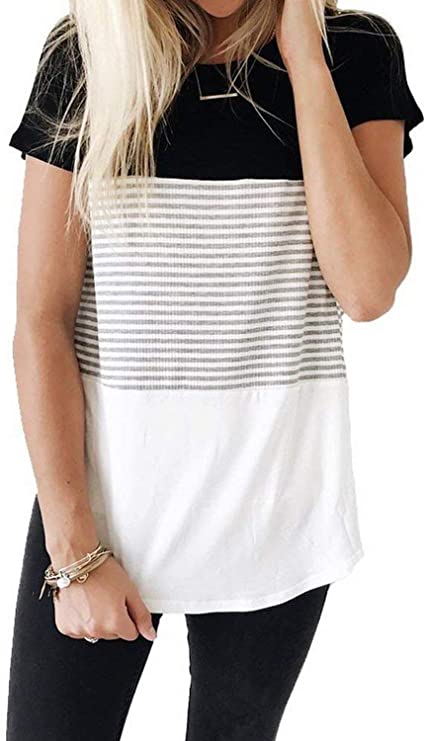 Striped Panel Crew Neck Short Sleeve Casual T-Shirt
