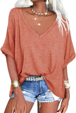 Women's Casual Oversized V-Neck Shoer Sleeve T-Shirt
