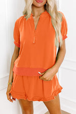 Women's Casual Half-zip Top and Ruffle Shorts Set