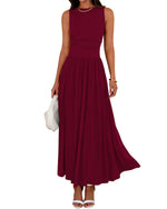 Women's Solid Sleeveless Ruched High Waisted Tank Dress with Pockets