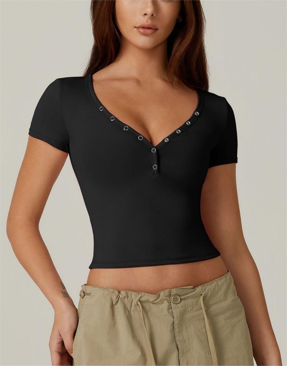 Women's V Neck Button Fit Cropped Top