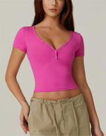 Women's V Neck Button Fit Cropped Top