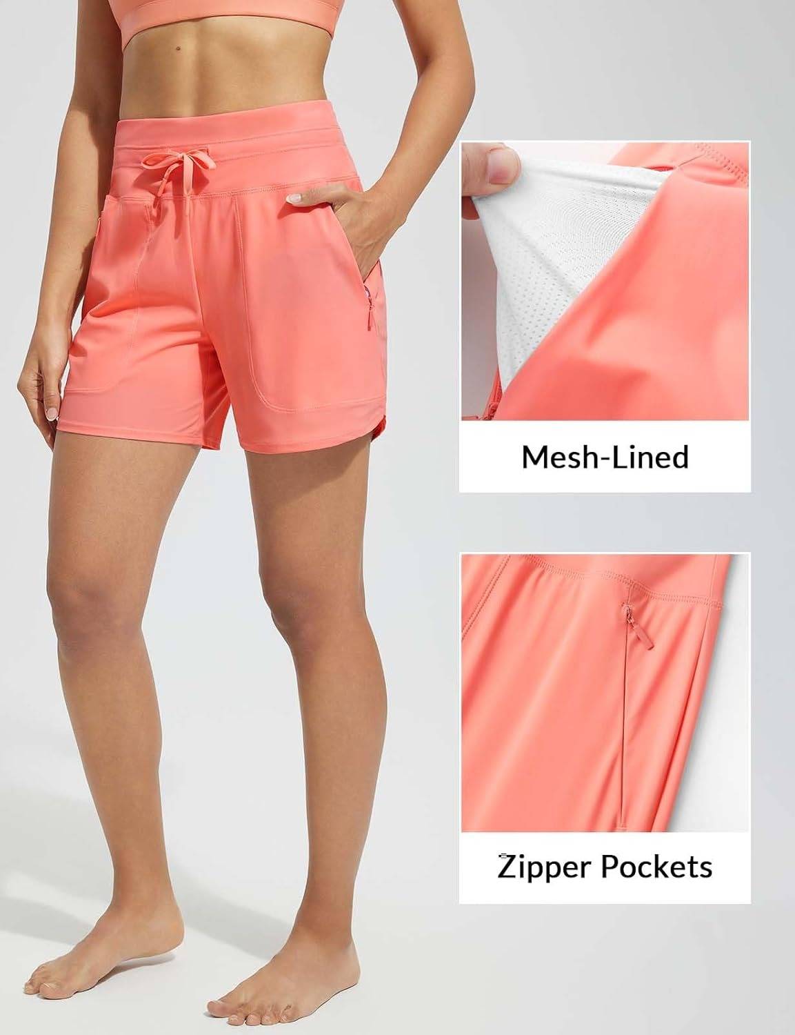 Women's 5 Inseam Drawstring High Waisted Quick Dry Swim Shorts