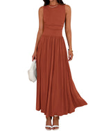Women's Solid Sleeveless Ruched High Waisted Tank Dress with Pockets