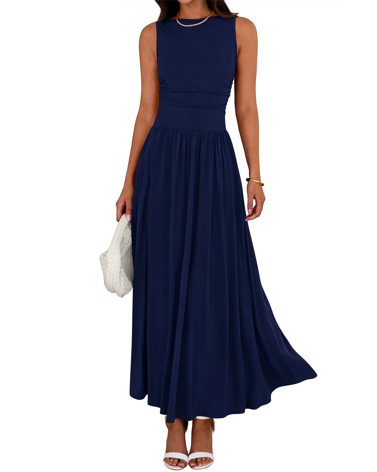 Women's Solid Sleeveless Ruched High Waisted Tank Dress with Pockets