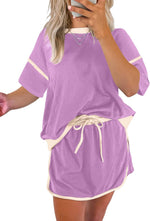 Women's Short Sleeve Tops and Drawstring Skort Matching Sets