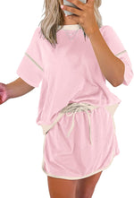 Women's Short Sleeve Tops and Drawstring Skort Matching Sets
