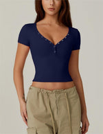 Women's V Neck Button Fit Cropped Top