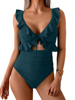 Tummy Control Ruffle Bathing Suit V Neck Ruched Swim Suit