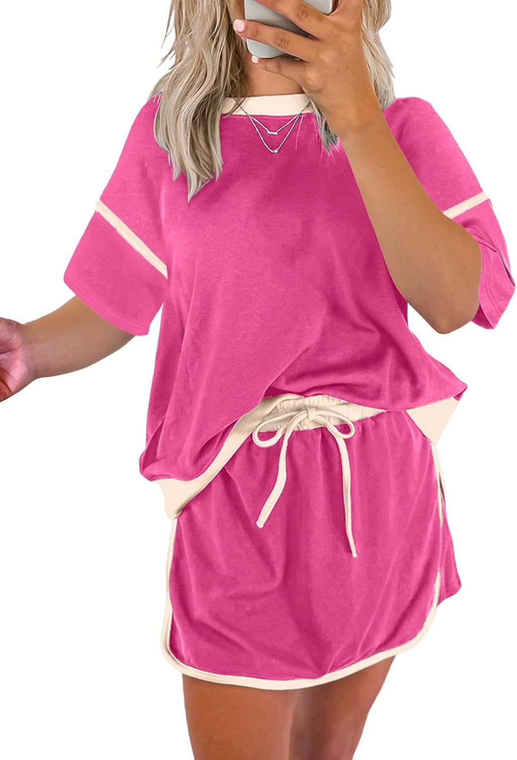 Women's Short Sleeve Tops and Drawstring Skort Matching Sets