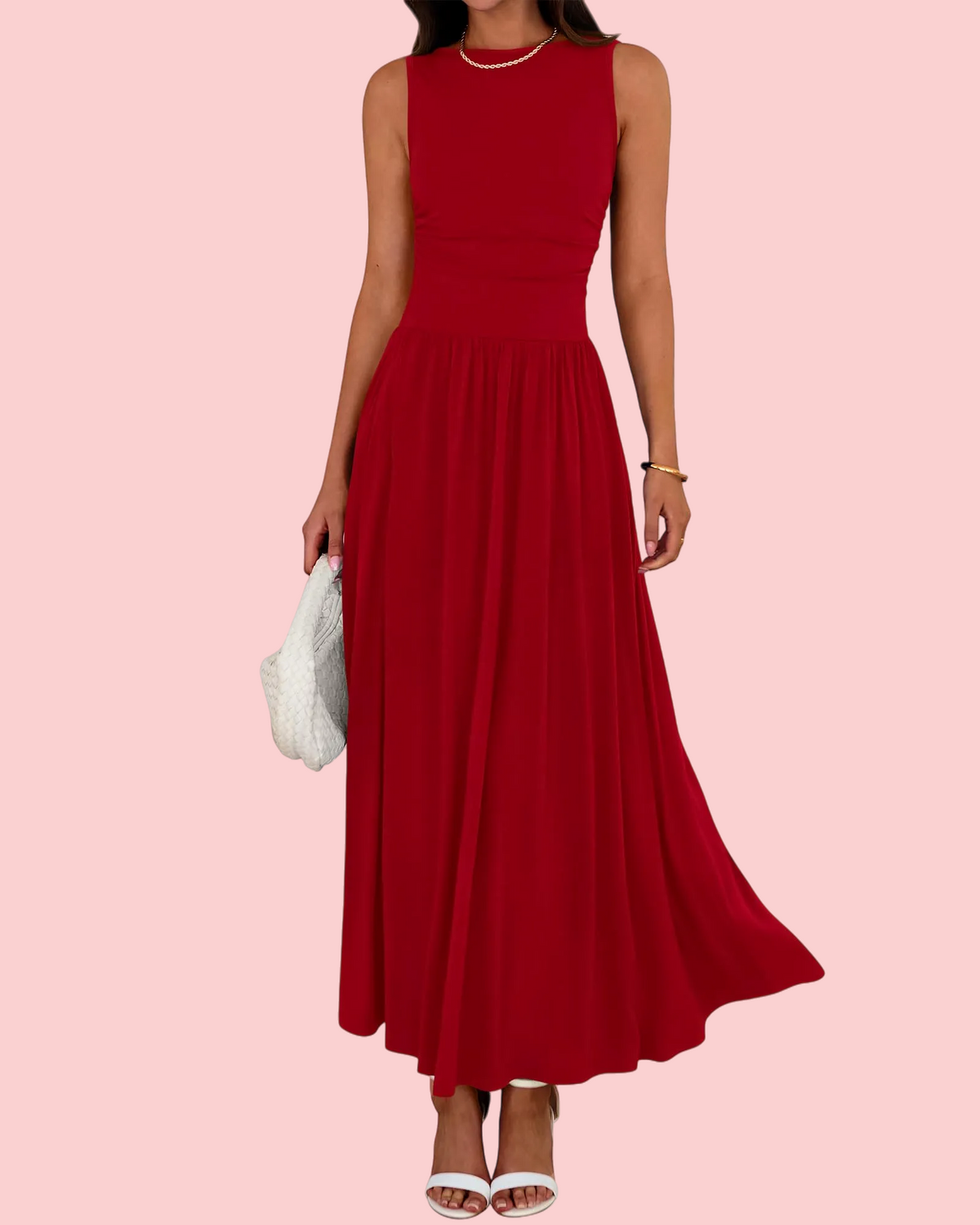 Women's Solid Sleeveless Ruched High Waisted Tank Dress with Pockets
