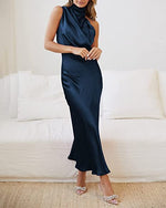 Mock Neck Keyhole Elastic High Waist Maxi Dress