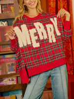 "MERRY" Fuzzy Letter Patches Christmas Plaid Sweatshirt