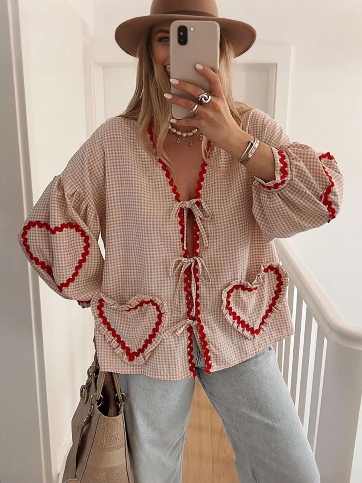 Women's Cute Tie-Front Gingham Heart Blouse