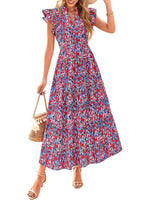 Women's Boho Print V Neck Ruffle Maxi Dress