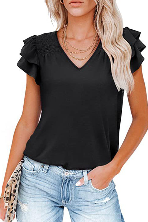 Solid Color V-neck Ruffle Short Sleeve