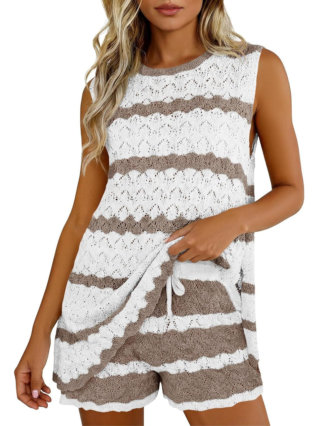 Women's Striped Knit Sleeveless Top and Shorts Co-ord Set