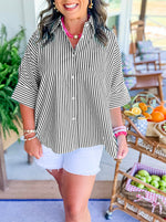 Women's Striped Button Shirt Side Slit Hem Swing Top