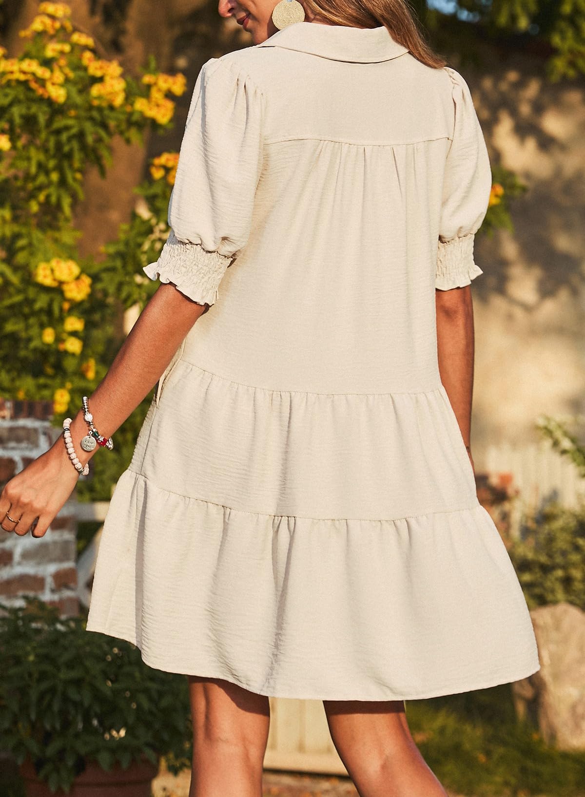 Women's Smocked Sleeve Tiered V-Neck Mini Dress