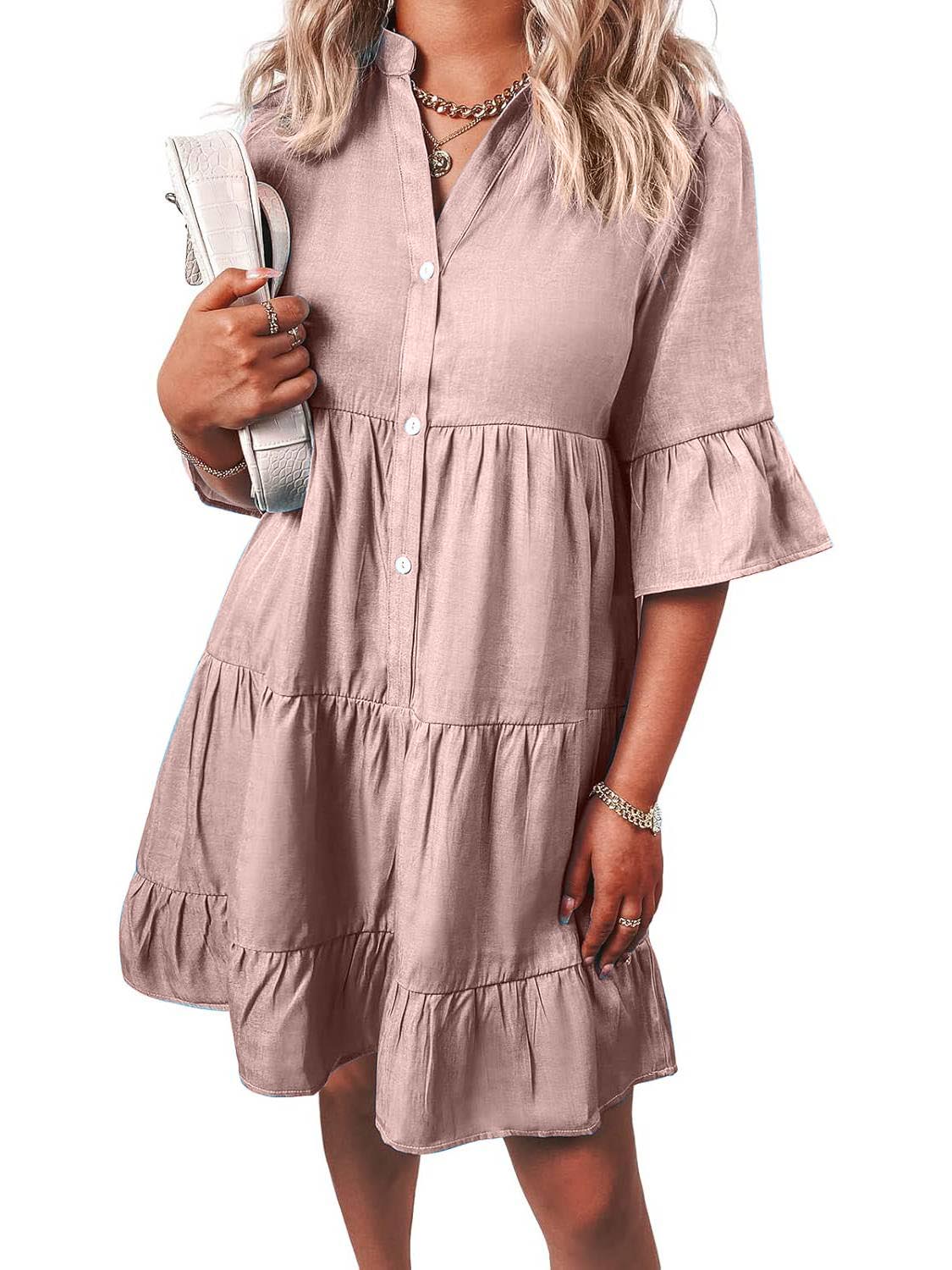Women??s Casual V Neck Ruffle Short Sleeve Summer Dress