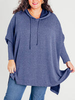 Women's Oversized Bat Sleeve Ribbed Hooded Pullover