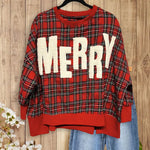 "MERRY" Fuzzy Letter Patches Christmas Plaid Sweatshirt