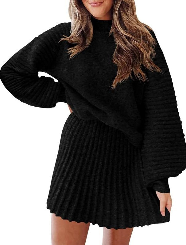 Women's Ribbed Sweater Two Piece Skirt Sets