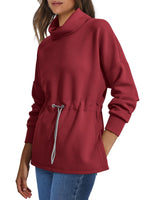 Women's Turtleneck Drawstring Waist Pullover Tops