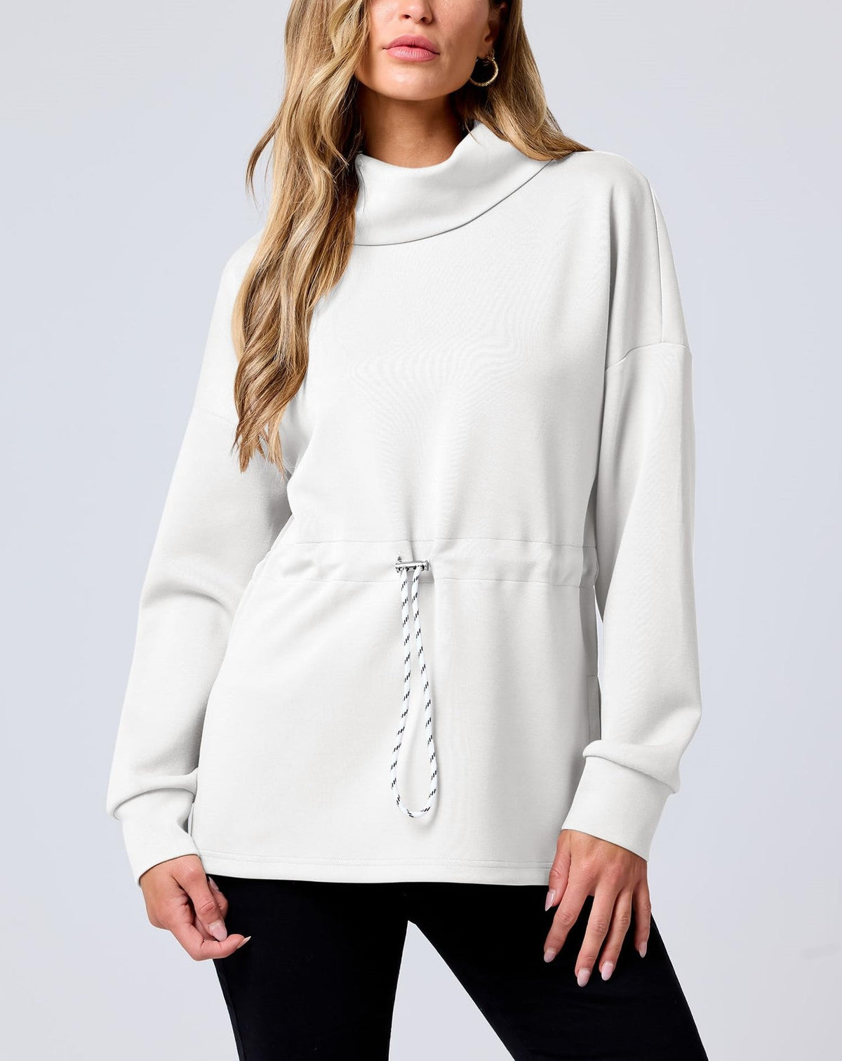 Women's Turtleneck Drawstring Waist Pullover Tops