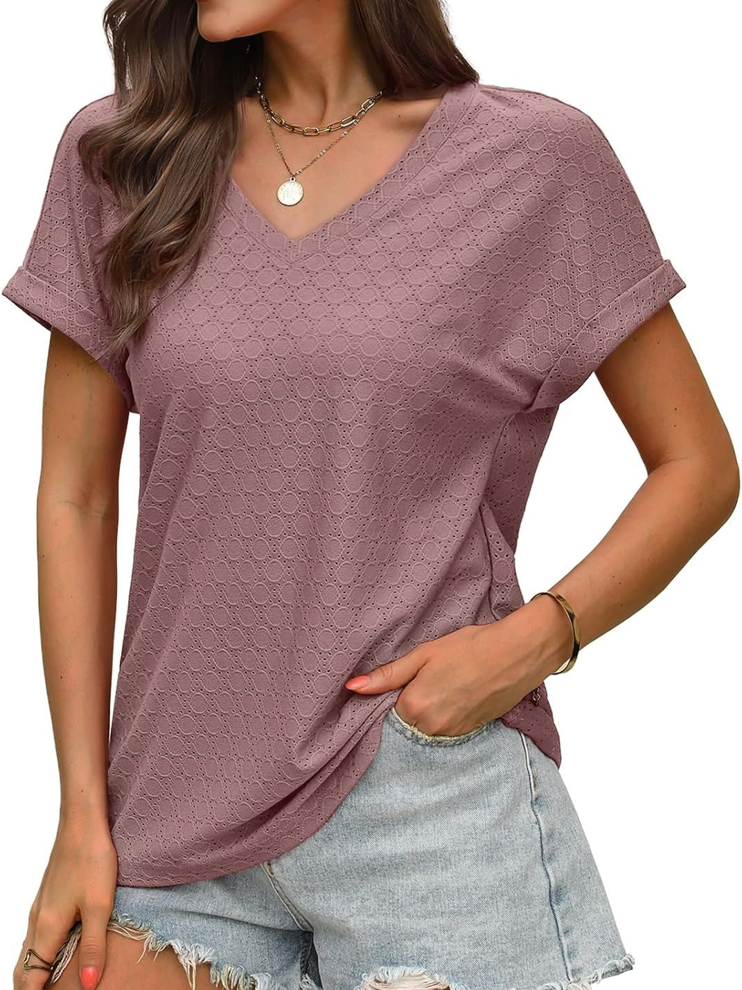 Women's Casual V Neck Short Sleeve Eyelet Tops