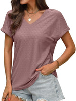 Women's Casual V Neck Short Sleeve Eyelet Tops