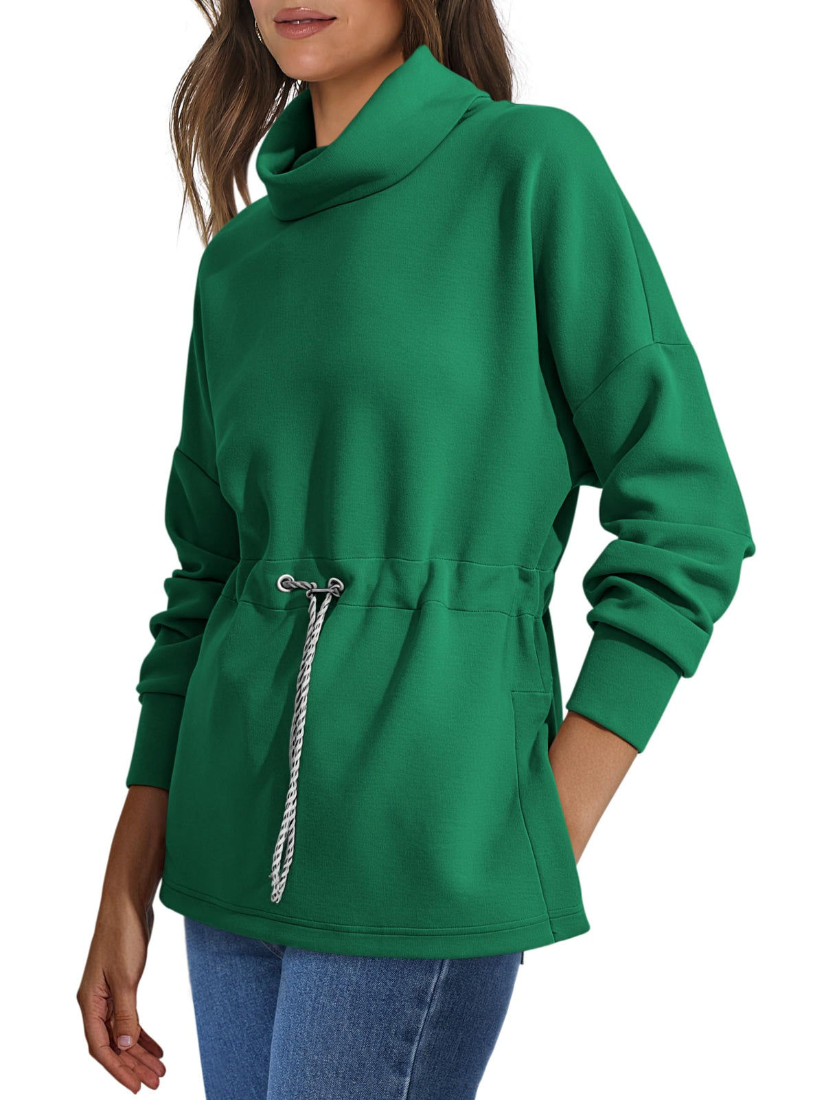 Women's Turtleneck Drawstring Waist Pullover Tops