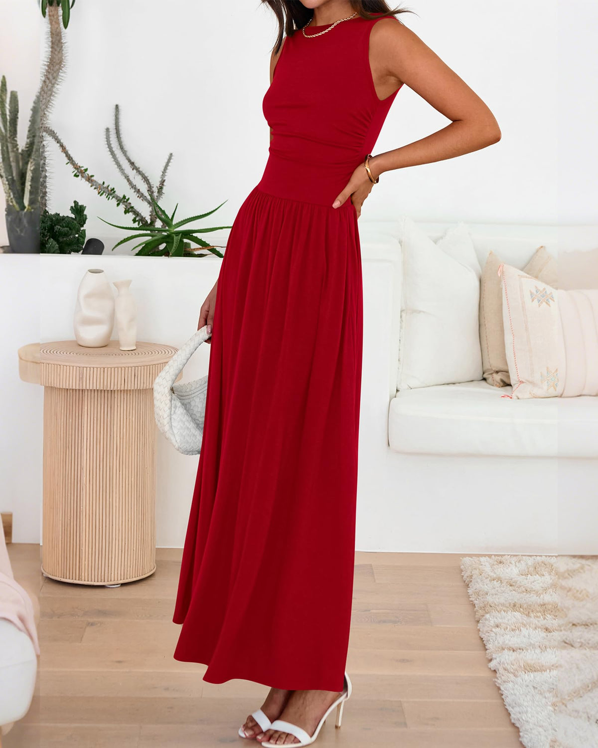 Women's Solid Sleeveless Ruched High Waisted Tank Dress with Pockets