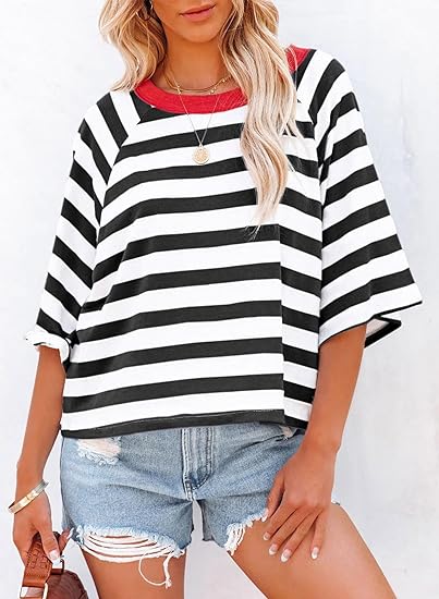 Women's Drop Shoulder Short Sleeve Striped Casual T-Shirts
