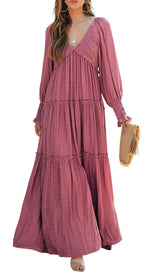 Women's Long Sleeve V Neck Boho Flowy Maxi Dresses