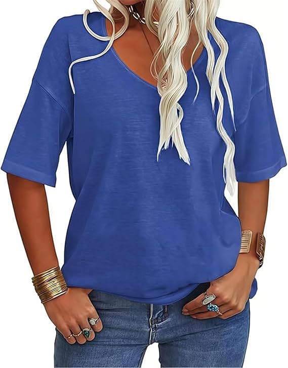 Women's Casual V-neck Solid Color Basic Tee